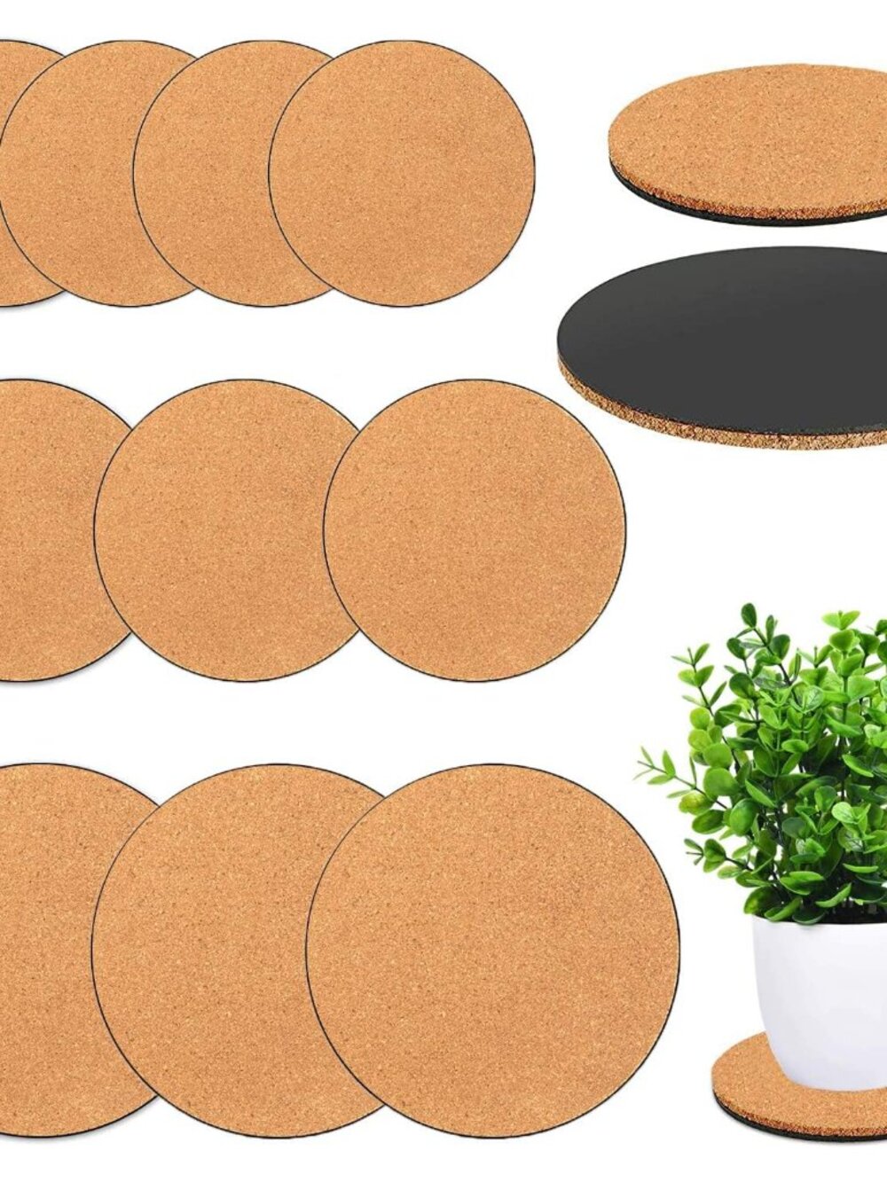 10 Pack 3 Sizes Cork Plant Coasters, 4/6/8 Inch Cork Plant Mats for Plants